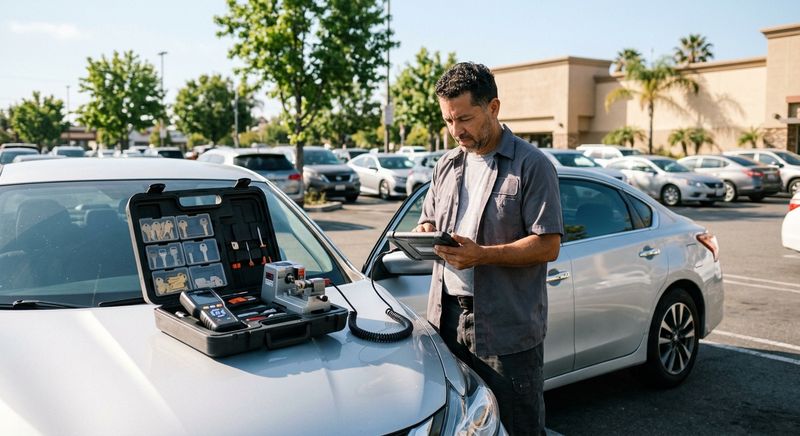 Auto locksmith with key programming equipment at a Sunnyvale parking lot