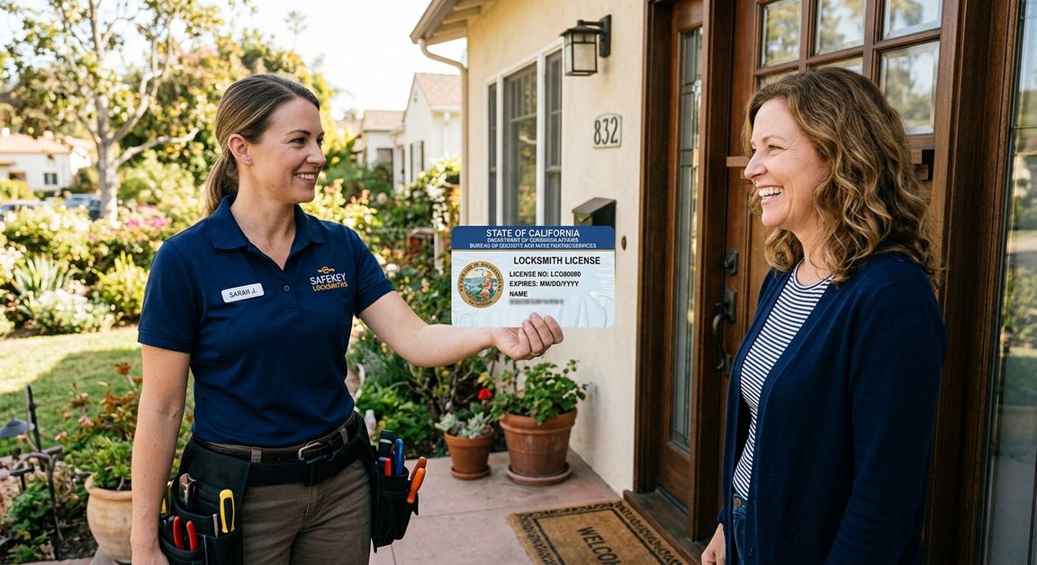 Locksmith showing BSIS license credential to homeowner at front door
