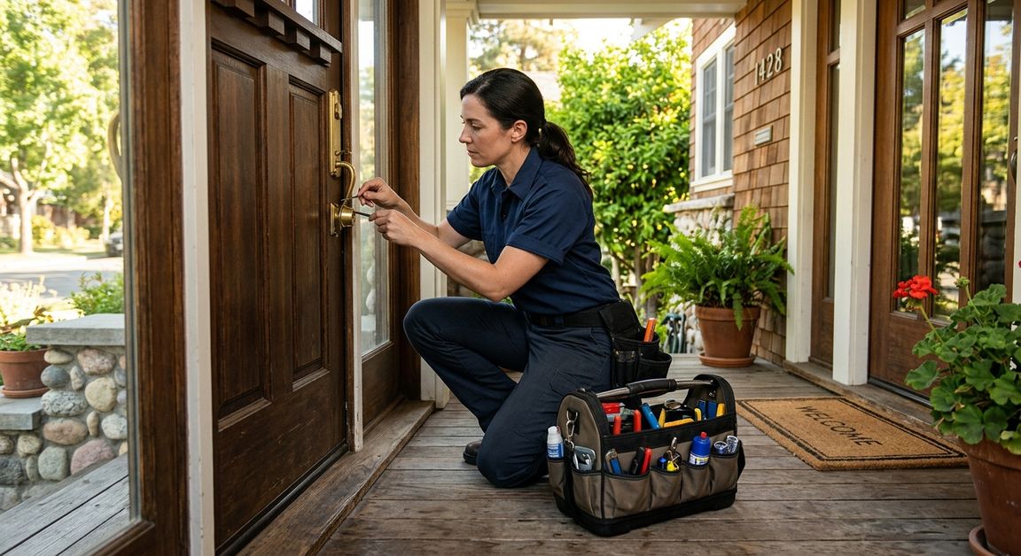 Locksmith technician at Sunnyvale residential front door for morning service call