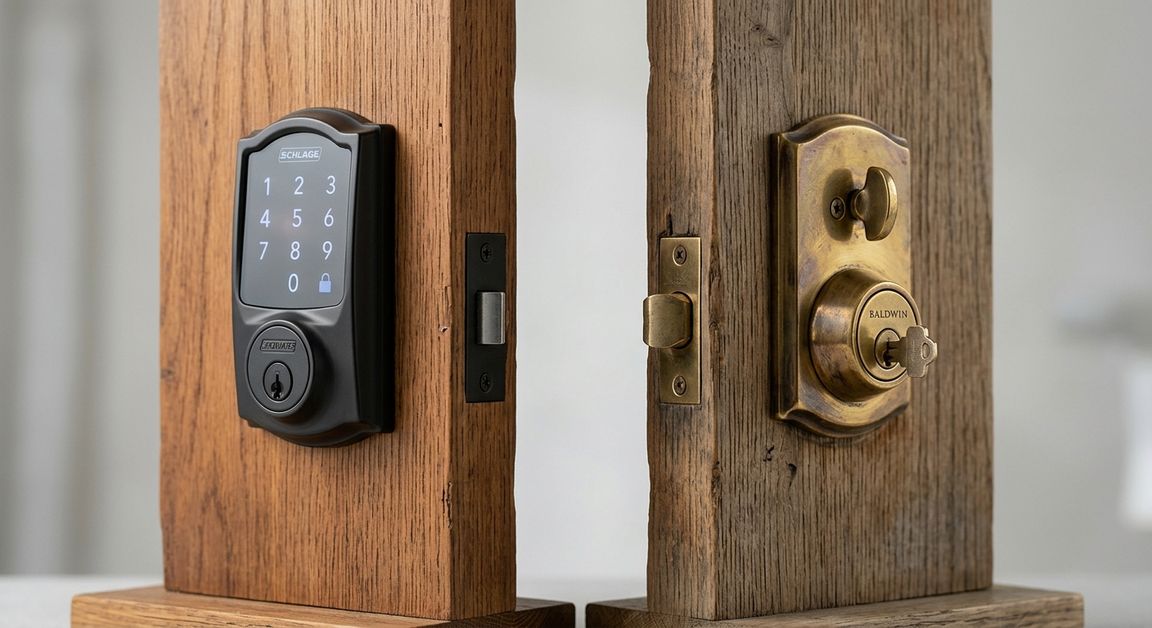 Side by side comparison of modern smart lock and traditional brass deadbolt