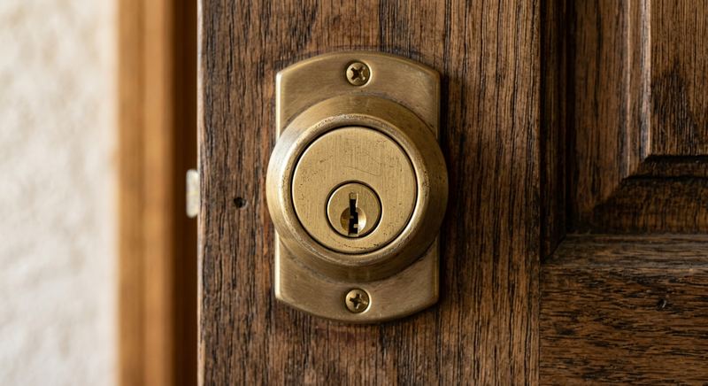 Brass deadbolt lock cylinder installed on residential wooden door