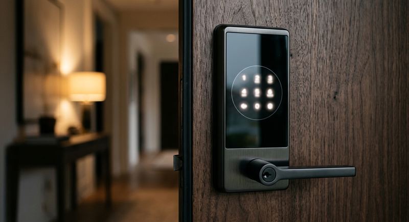Modern smart lock keypad entry device installed on door
