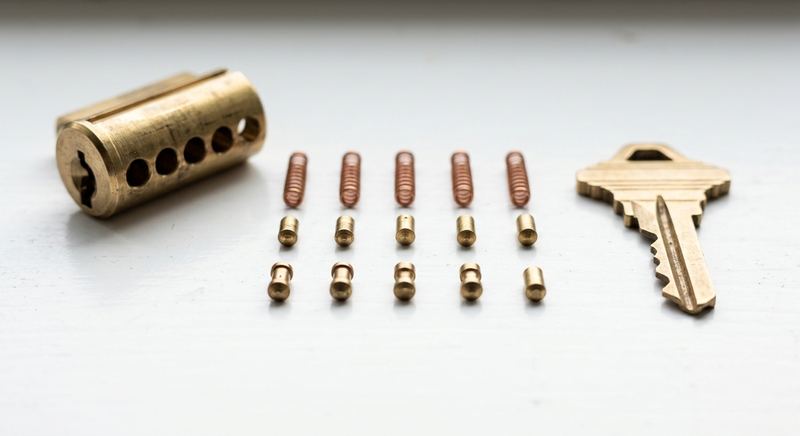 Lock cylinder pin tumbler mechanism disassembled showing internal pins